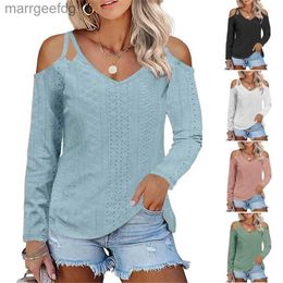 Women's Blouses Shirts 2023 Autumn/Winter T-Shirts Women's Clothing New Solid Long sleeved V-Neck with Off Shoulder Cut Out harajuku t shirt women Tops YQ231219