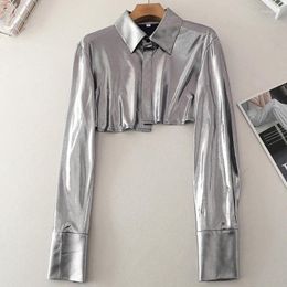 Women's Blouses Leisure Women Spring Autumn Turn Down Collar Silver Stamping Gilding Shirts Long Sleeve Glossy High Waist Cardigan Tops