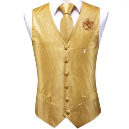 Men's Vests Gold Silk Men Vest Fashion Solid Waistcoat Neck Tie Handkerchief Cufflinks Brooch Set For Suit Wedding Party Designer Hi-Tie