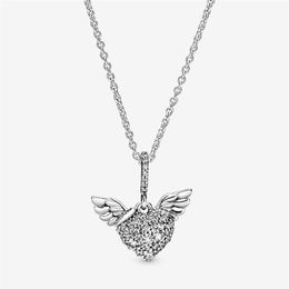 100% 925 Sterling Silver Pave Heart and Angel Wings Necklaces Fashion Women Wedding Engagement Jewellery Accessories2136