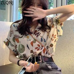 Women's Blouses Summer Vintage Shirts Loose Casual Aesthetic Tops Cute Print Hawaiian Shirt Ladies Short Sleeve Harajuku Clothes