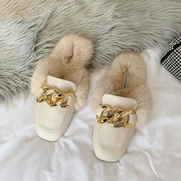 Slippers Outer Clad Head Metal Chain Rabbit Hair Warm Everything with Soft Sole Comfortable Non-slip Wear-resistant Women's Half Slippers 231219