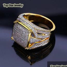 Band Rings Vintage Copper Ring Shiny Micro Cubic Zirconia Real Gold Plated Punk Finger Accessories For Men Hip Hop Rapper Jewelry Gi Dhmfy