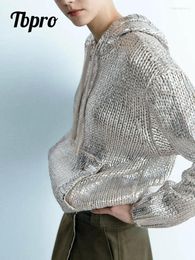 Women's Sweaters Women Fashion Silver Metallic Trim Foil Hooded Sweater Luxury Big Pockets Long Sleeve Pullover Autumn Lady Drawstring