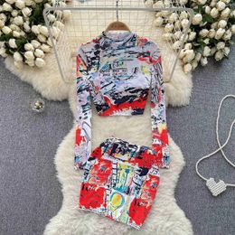 Work Dresses 2023 Summer Women Clothing Sets Chic Printed Stand Collar Long Sleeve Crop Top And Elastic Waist Mini Skirt 2 Pieces Suits