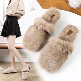 Rabbit Hair Baotou Women Fashion Belt Buckle Muller Shoes Flat Heel Lazy Cotton Slippers Plush