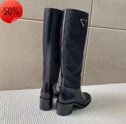 New Triangle panelled Knee-High Boots high quality nylon chunky block heel tall leather sole Women's luxury designers Fashion Party Dress shoes factory footwear 45