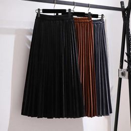 Skirts Large Size 6XL Winter Long Thick Corduroy Pleated Skirt Women Elastic High Waist Solid Color Female Warm Velvet Fall Cloth