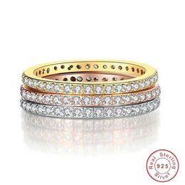 Simple Fashion Jewelry 925 Sterling Silver&Rose Gold Fill Pave White Sapphire CZ Diamond Eternity Women Wedding Engagement Band Ri225E