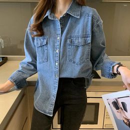 Women's Blouses #3125 Blue Denim Shirt Long Sleeve Loose Casual Office Jeans Female Turn-down Collar Outerwear Ladies Tops And