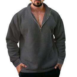 Large Size Autumn Winter with Fleece Half Zip Pullover Solid Colour Casual Hoodie Men's Wear