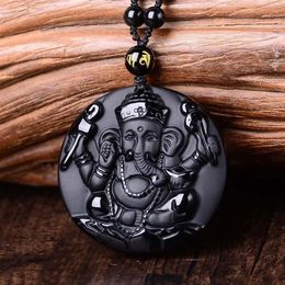 Natural Black Obsidian Carved Ganesh Elephant Lucky Pendants Necklace Fine Stone Crystal Fashion woman man Amulet Jewelry1218R