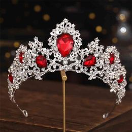 Baroque Luxury Silver Color Red Green Crystal Bridal Tiaras Crowns Pageant Diadem Headband Wedding Hair Accessories 210701282G