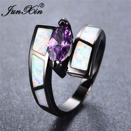 JUNXIN Boho Female Male White Blue Fire Opal Rings For Women Black Gold Filled Pink Purple Zircon Marquise Ring Wedding Jewelry313J