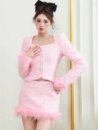 Work Dresses Autumn Winter Fashion Luxury Tweed Two Piece Set For Women Short Jacket Coat Skirt Suits Korean Sweet Feathers 2 Outfits