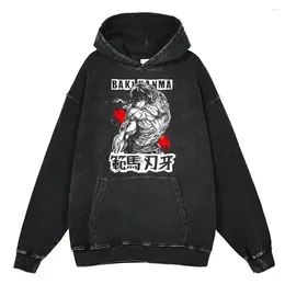 Men's Hoodies Anime Funny Yujiro Baki Hanma Vintage Washed Long Sleeve Sweatshirts Grappler Fighting Fighter Pullover Y2K Clothes