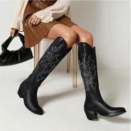 Boots XPAY Knee-high Women Retro Cowgirl Chunky Heel Platform Female Stylish Western Shoes Size 35-43