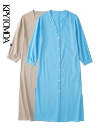 Dresses KPYTOMOA Women Fashion Front Buttoned Linen Midi Dress Vintage Three Quarter Sleeve Side Vents Female Dresses Vestidos Mujer