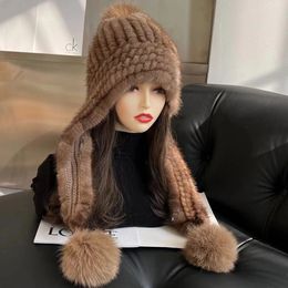 Wide Brim Hats Bucket Imported Real Mink Woven Scarves And Snow Hat Fur Ear Protection Casual Outdoor Winter Hair Warm Scarf 231218