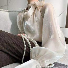 Women s Sweaters 2023 Autumn Vintage Satin Silk Shirt Women Fashion Blouse Elegant Turn Down Collar Female White Long Sleeve Shirts Tops 231219