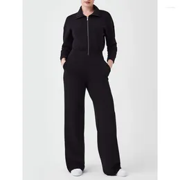 Women's Two Piece Pants 2023 Long Sleeve Wide Leg Solid Colour Jumpsuit Zipper Lapel Pocket Hoodie Suit Female