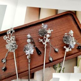 Hair Accessories Fashion Retro Metal Ink Flower Hairpin Tassel Pendant Chopstick Sticks Women Girls Elegant Barrette Styling Tools D Dhqme