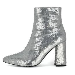 Boots Sequins Cloth Bling Glitter Party Wedding Bridal Block High Heels Fish Scale Pattern Silver White Poined Toe Ankle Boots 231219