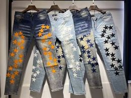 Usa Size Ripped Orange Amiryes Star Patch Slim Fit Little Feet Star Stretch Hole Jeans For Men Denim