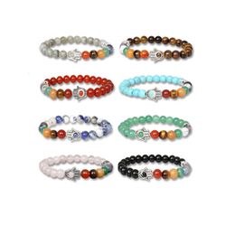 7 Chakra Volcanic Crystal Agate Natural Stone Healing Hamsa Charm Beads Bracelet for Women