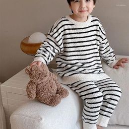 Clothing Sets Children's 2023 Winter Home Fur Thickened Coral Plush Striped Boys' Pajama Set 10-417