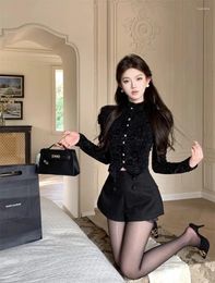 Women's Tracksuits French Sweet Girl Suit Autumn Vintage Lace Bubble Sleeve Shirt High Waist A-line Shorts Two-piece Set Female Clothes