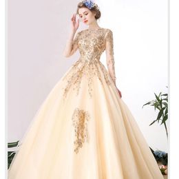 Champagne Gold 2024 Ball Gown Wedding Dress O Neck Long Sleeve Lace Appliqued Crystal Pearls Beading Vestido Novia Plus Size Bridal Gowns Estidos De Noiva 403