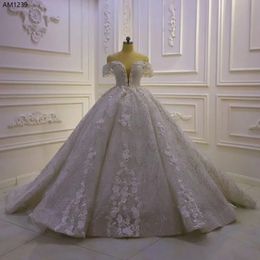 Stunningbride 2024 Luxury Shiny A Line Sweetheart Neck Wedding Dresses Floor Length 3DFlower Beaded Lace Bridal Gowns with Cathedral Train