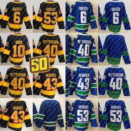 43 Quinn Hughes Jersey 40 Elias Pettersson 53 Bo Horvat 6 Brock Boeser 10 Pavel Bure Hockey Jerseys Black Blue Stitched 11