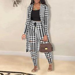 Women's Two Piece Pants Women Houndstooth Long Sleeve Open Stitch Cardigan Cutout Suit Fashiont 2 Set Outfits Tracksuit