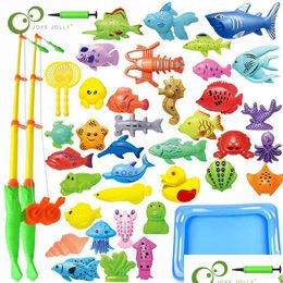 Bath Toys 56Pcs Kids Pool Fishing Games - Summer Magnetic Floating Toy Magnet Pole Rod Fish Net Water Table Bathtub Game Drop Delivery Otwpz