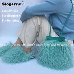 Slippers Women's Fashion Sets Fur Slippers Fur Handbags Woman Luxury Faux Fur Set Slides Furry Bag Purse Wallet Indoor Shoes Plus Size 49 231218