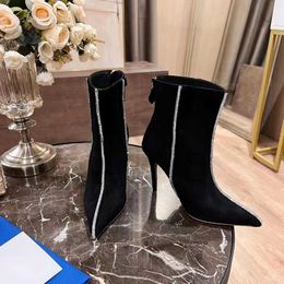 Aquazzura Women Boots Back Ankle Casual Zipper Crystal Decoration Fashion Half Boot Sheepskin Suede 10.5cm High Heel Pointed Designer Motorcycle Boot