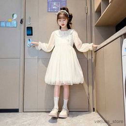 Girl's Dresses Girls Beige Lace Tulle Dresses Spring Autumn 2023 Fashion Teen Girl Princess Puffy Dress for 6 8 10 12 14 Years Old Kids Clothes