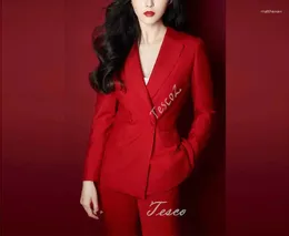 Women's Two Piece Pants Tesco Red Sets Solid Blazer And Trousers Double Breasted Jacket 2 Temperament Pantsuit Female Luxury Casual Suit