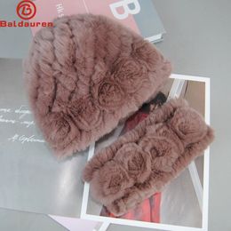 Scarves Women Winter Fur Hat Scarf Sets Natural Warm Real Rex Rabbit Cap Lady Knitted Genuine Hats Muffler 231219