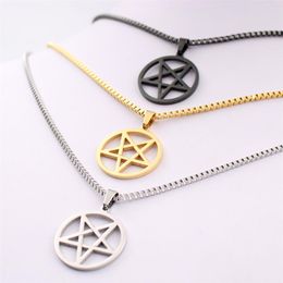 pentagram satanic symbol Satan worship Wicca Pentacle stainless steel pendant necklace Silver gold black 2 4mm 24 inch box chain f280T