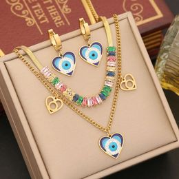 New Arrival Gold Plated Stainless Steel Evil Eye Heart Zircon Layered Necklace Bracelet Earrings Jewellery Set for Women