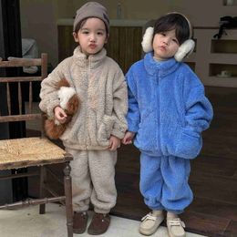 Pyjamas 2023 Autumn Winter Child Boy Clothes 2PCS Set Baby Boy Flannel Velvet Plush Casual Pyjamas Kids Boy Solid Warm Hairy Loungewear