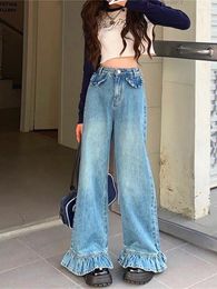 Women's Jeans 2023 Cyber Y2K Fashion Washed Blue Flounce Baggy Flare Pants For Women Korean Casual Dress Lady Trousers Roupas Feminina