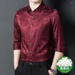 Men's Casual Shirts Real Natural Silk Clothing Claret Red White Elegant Clothes For Mens Dress Wedding Party Wear Satin Smooth Blouses Large