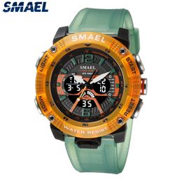 Wristwatches Sport Watches Waterproof SMAEL Male Clock Digital LED Display Quartz Analogue Stopwatch Fashion Green Orange 8058 Men Watch 231219