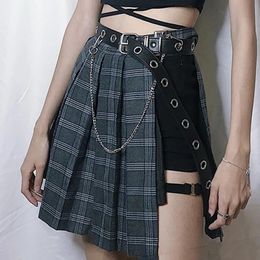 Skirts Gothic Plaid Aline Mini Skirts Women 2019 New Hot Asymmetric Patchwork Bandage Punk Club Sexy Cool Fashion Black Short Skirt Y190