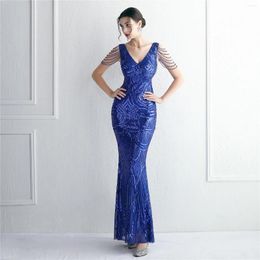 Party Dresses Stunning Royal Blue Sequins Prom With Beading V Neck Floor Length 2023 Women Formal Gonws For Wedding