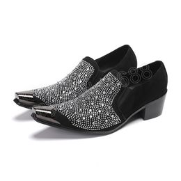 Black Suede Rhinestone Men's Shoes Metal Toe Luxury High Heels Slip On Low Top Casual Business Work Office Dress Shoes for Men